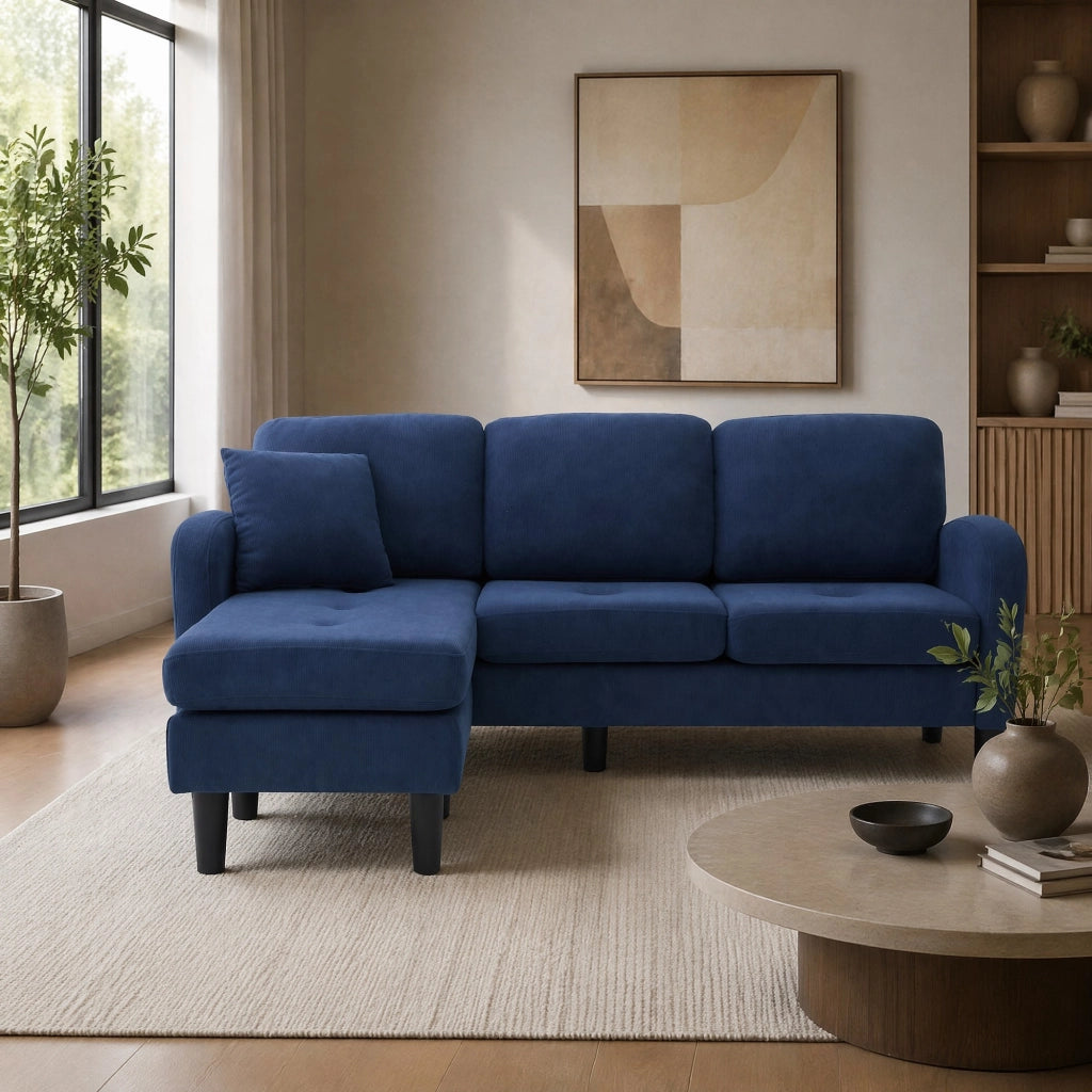 DIVANO angolare modulare 166x118x77 cm in cord Blu con chaise longue