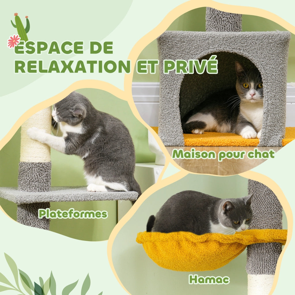Tiragraffi per Gatti 275cm ¨C Xylo ¨C 6 Livelli con Piattaforme e Cuccia Grigio Chiaro