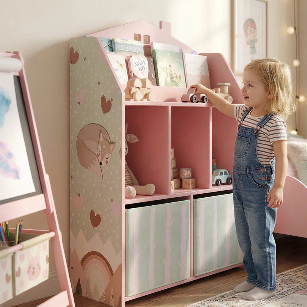 Scaffale Portagiochi per Bambini 62,5x30x91,5 cm con 2 Contenitori Rimovibili in Tessuto e Ripiani in Legno FSC Rosa