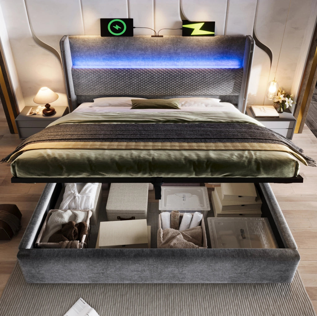 Letto contenitore ULEVR 180x200 cm con LED, USB e Type-C, testiera alta in lino grigio