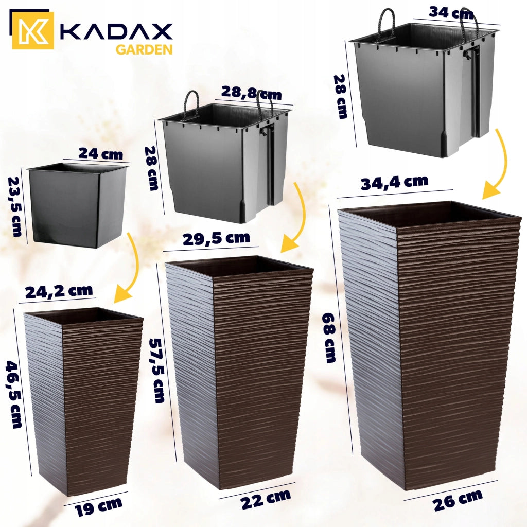 Set di 3 vasi da fiori KADAX, vasi da giardino + inserto, alti e grandi, color moka, 47+57+68 cm