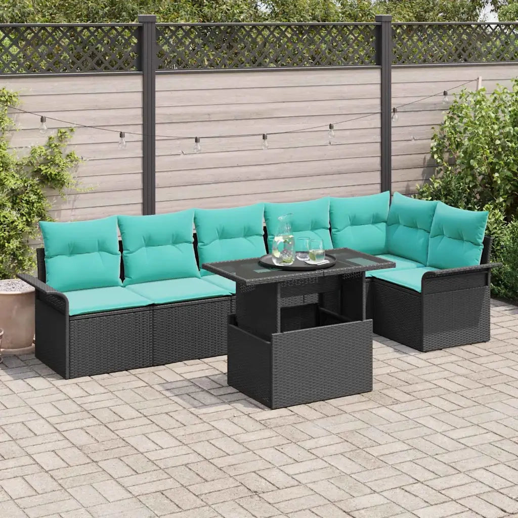 Set Divano da Giardino con cuscino 7 pcs Nero Poly Rattan