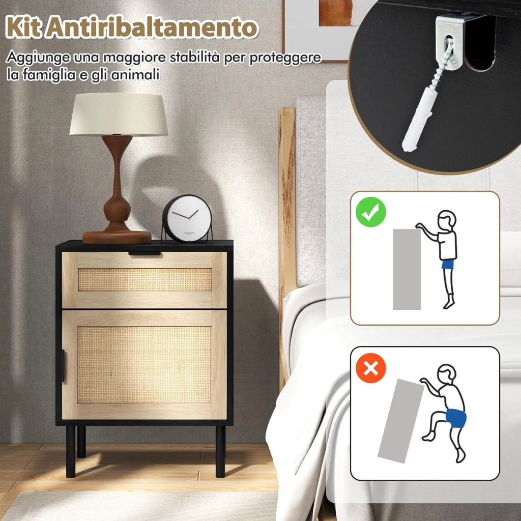 Set di 2 Comodini con Cassetto e Anta, Tavolini in Rattan Stile Bohémien Salvaspazio, Mobiletto Armadietto per Camera da Letto, Soggiorno e Ingresso, 45 x 30 x 59 cm (Nero)