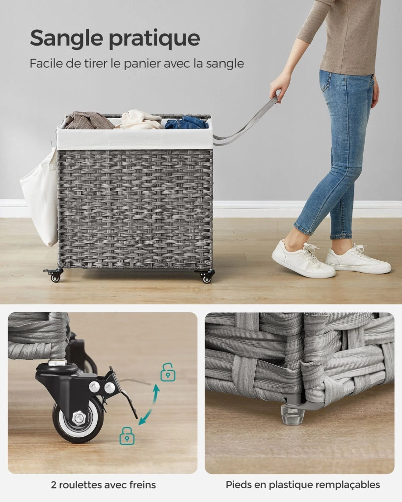 Cesto portabiancheria intrecciato a mano 140 litri imitazione rattan 3 scomparti sacco rimovibile coperchio manici facile da montare soggiorno bagno 66 x 33 x 60 cm grigio 12_0006777