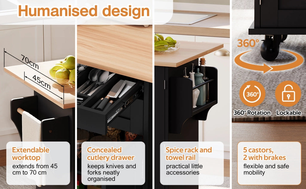 Isola Cucina con Prese Elettriche e USB ¨C MINIMAL ¨C 120x60x91 cm, Ripiani Regolabili, Portasalviette