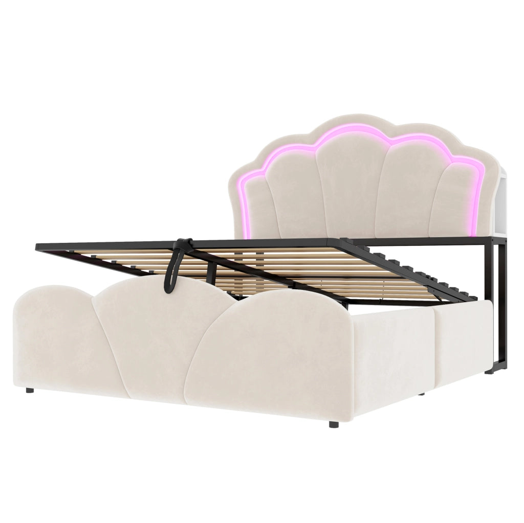 Letto imbottito 140x200 cm con vano contenitore, LED e prese integrate
