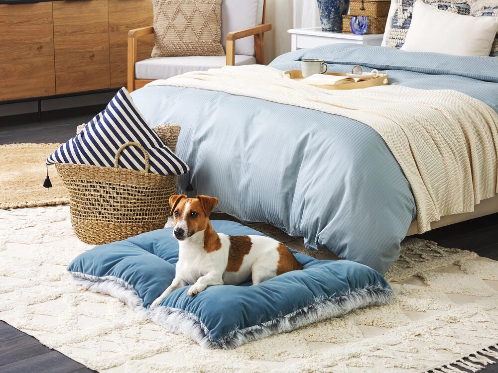 Cuccia animali letto per cani lettino gatti velluto blu con nappe 90 x 60 cm