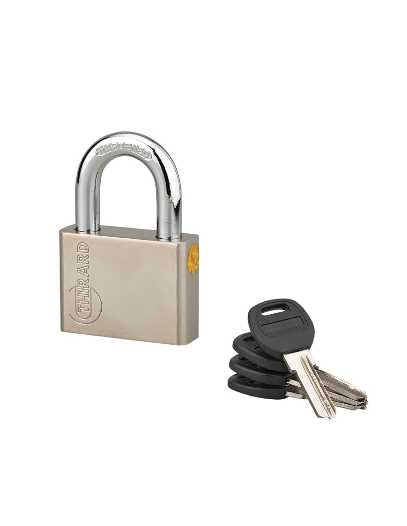 Lucchetto a chiave Quadra, acciaio, 60mm, arco in acciaio temprato nichelato, 4 chiavi reversibili - Thirard