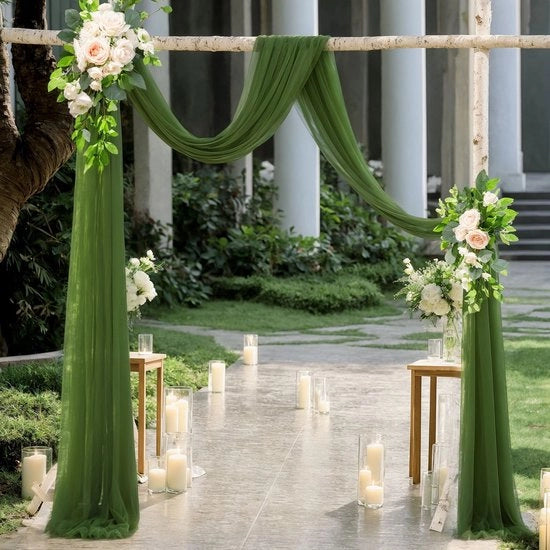 Slender Chiffon, tenda da sposa, con nastri, chiffon drappeggiato per decorazione cerimoniale, sfondo, tenda da festa di seta - Verde oliva - 75*600cm