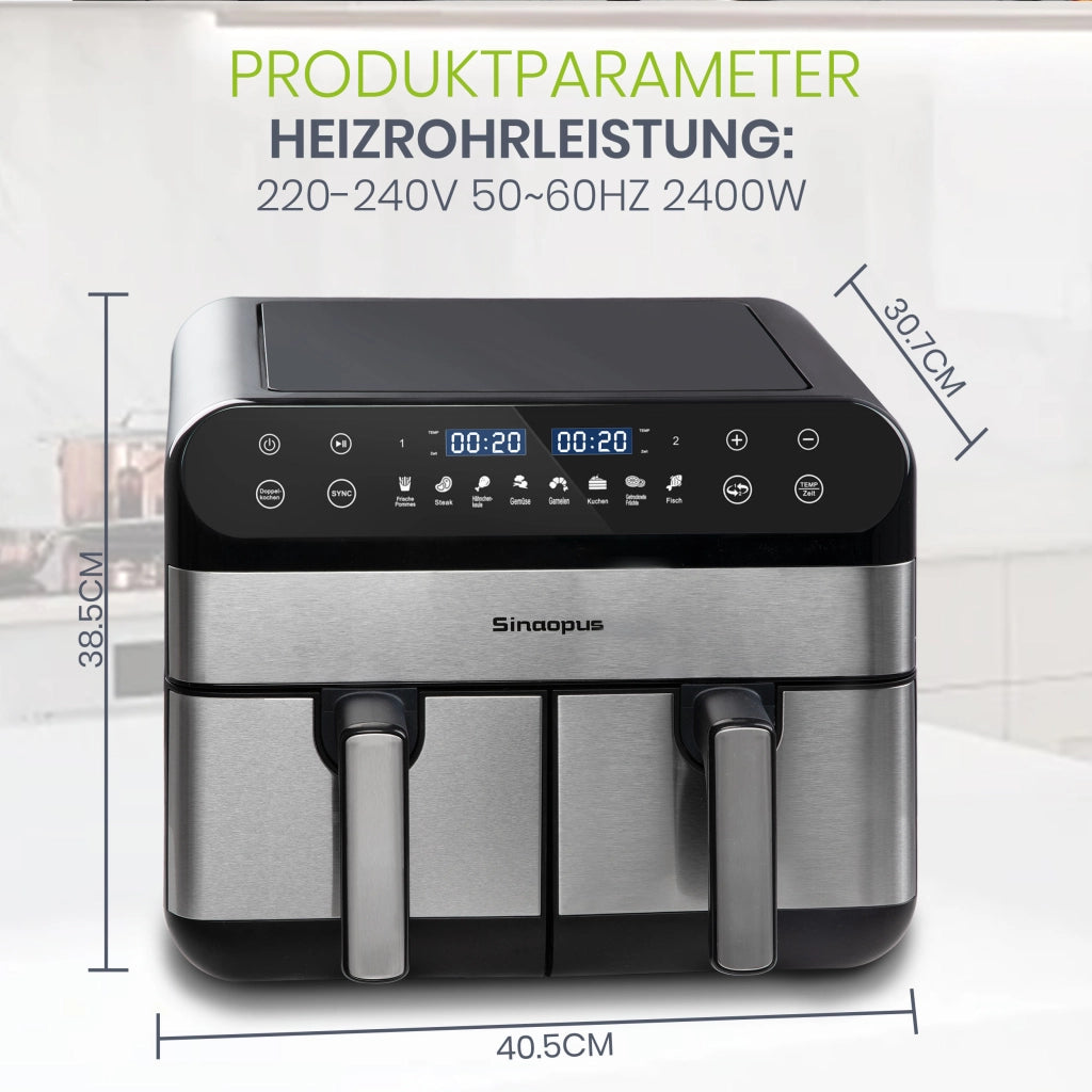 Friggitrice ad aria 10 l a doppio cestello indipendente 2400 W con display LED touch e 8 programmi colore nero