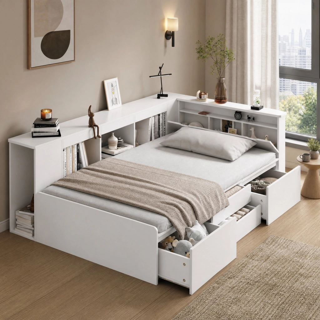 LETTO per bambini 90x200 cm in MDF bianco con cassetti e spazi contenitore
