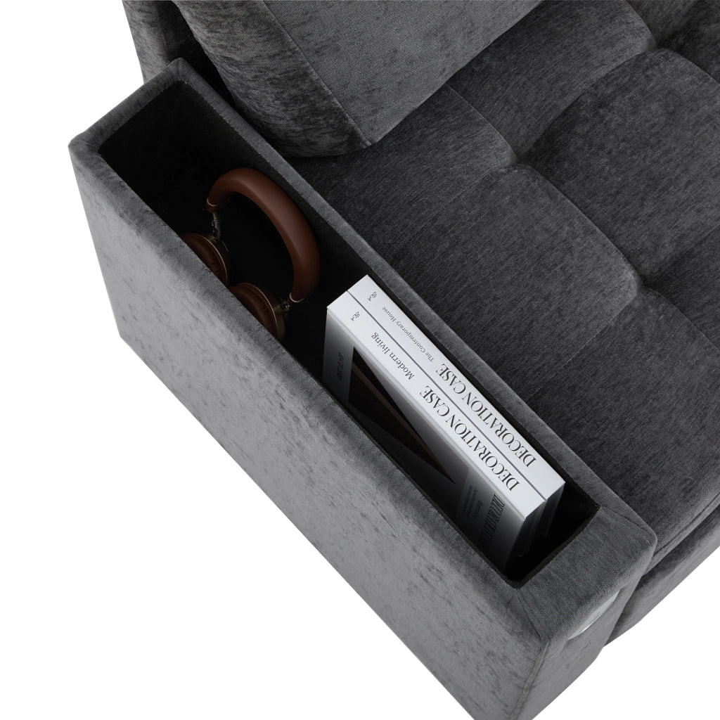 Divano ad angolo convertibile con contenitore, porta USB, portabicchieri e cuscini, in Chenille Grigio Scuro