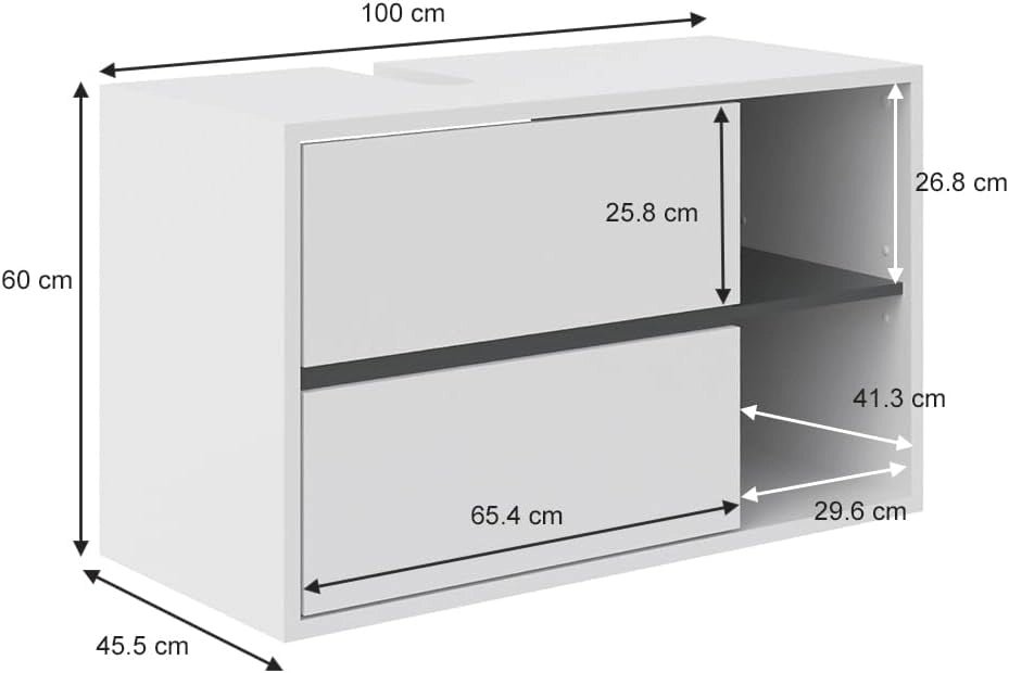 Mobile sottolavabo per bagno Viola, Bianco, 100 x 60 cm, con intaglio per sifone e ripiani aperti per montaggio a parete