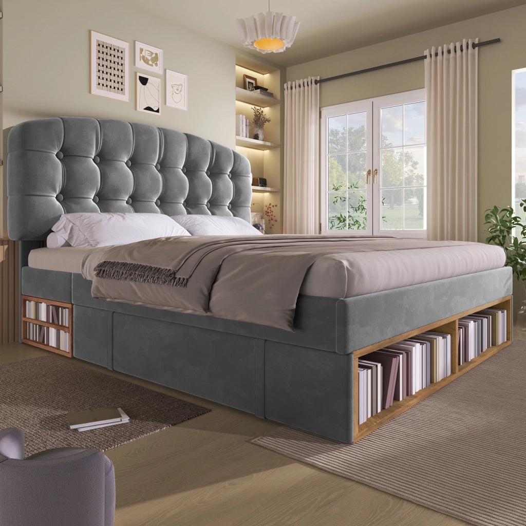 Letto contenitore 140 × 190 cm con testiera regolabile, cassetti e ripiani, senza materasso, in velluto grigio