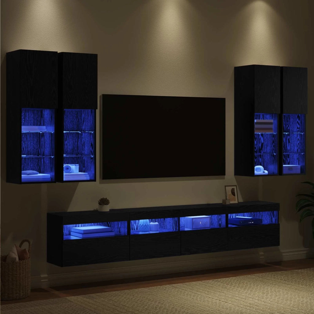 Set Mobile TV a Muro con Luci LED con led 7 pcs Rovere Nero