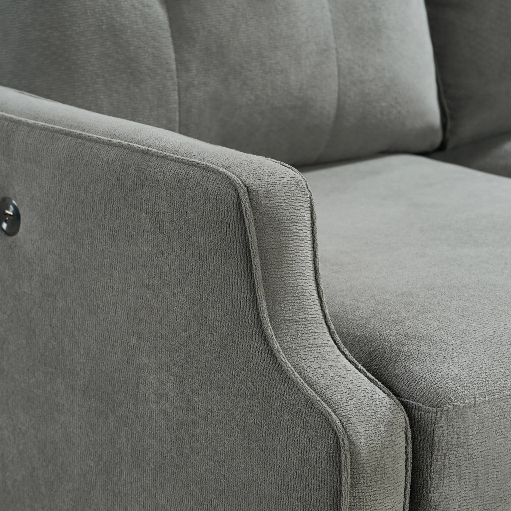Divano a due posti con porta USB e braccioli sagomati, in tessuto e legno grigio scuro 135 × 72 × 85 cm