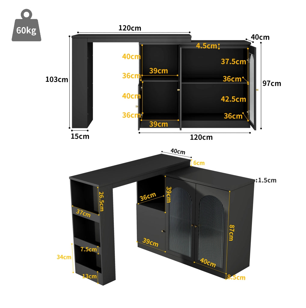 Bartisch mit 360° Drehfunktion aus MDF, 120 x 40 x 97 cm, moderner schwarzer Ess- und Barschrank mit Glasfront