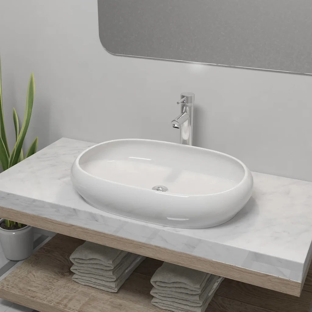 Lavello Bagno con Miscelatore-Lavandino-Lavabo in Ceramica Ovale Bianco 932785