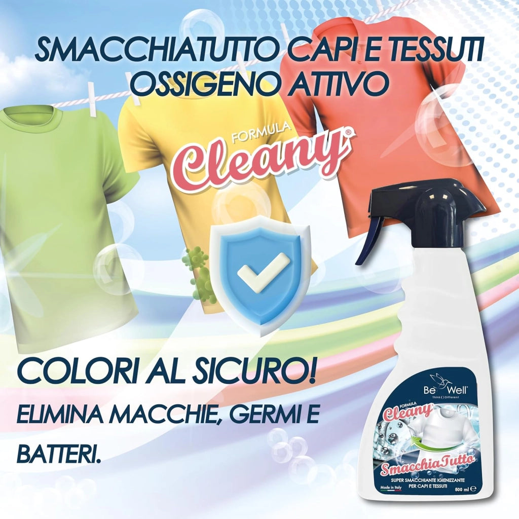 CLEANY Smacchiatutto Igienizzante Spray per Tessuti e Abbigliamento, Formula Super Smacchiante, 500ml, per Rimuovere Macchie di Grasso, Vino e Sudore