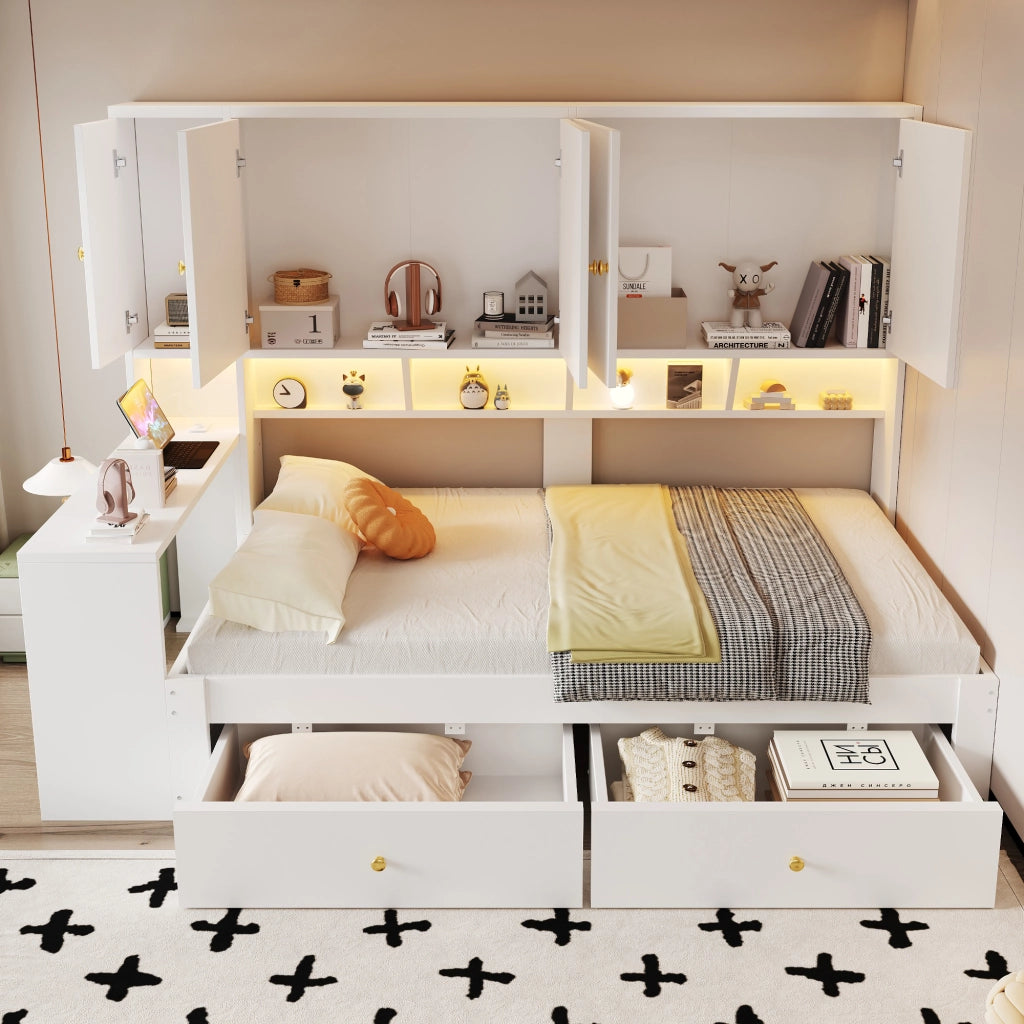 Letto multifunzione 90 x 200 cm con scrivania; cassetti; LED e prese; bianco
