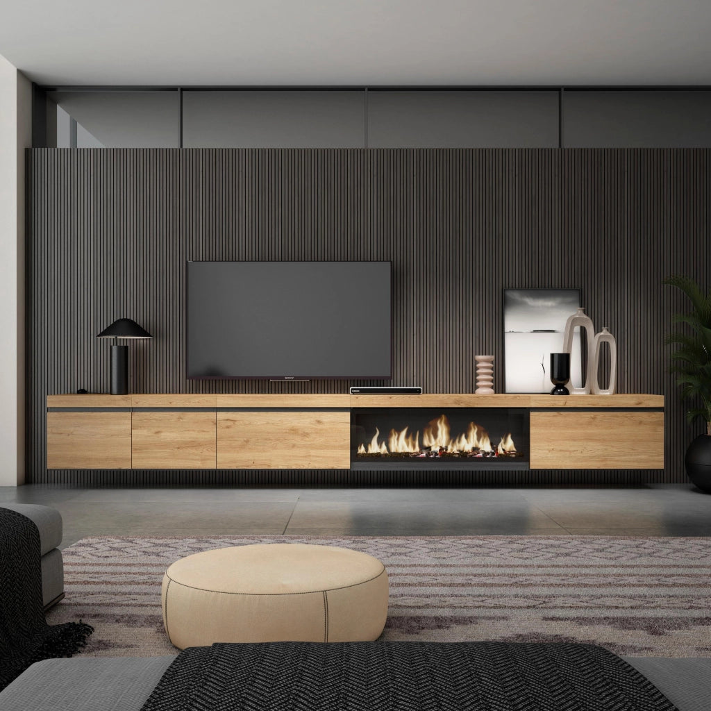 Mobile TV Soggiorno, 368x35x45, Camino elettrico XXL, da appendere, colore Rovere RF3695