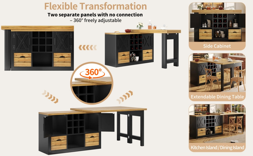Tavolo allungabile con credenza, piano girevole 360°, 1 cassetto, per cucina e soggiorno, nero, 120 × 40 × 72 cm