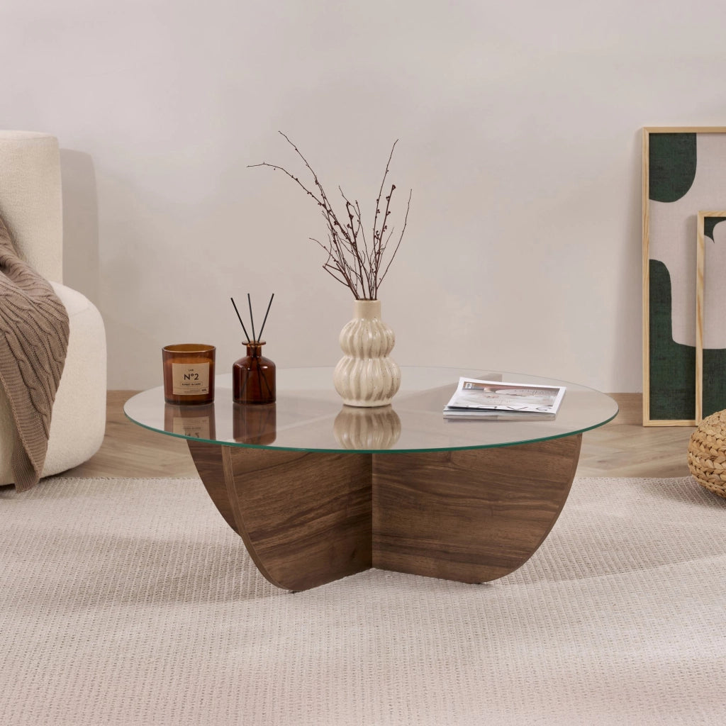 Tavolino in vetro "Liya" 90 x 90 x 30 cm - Noce