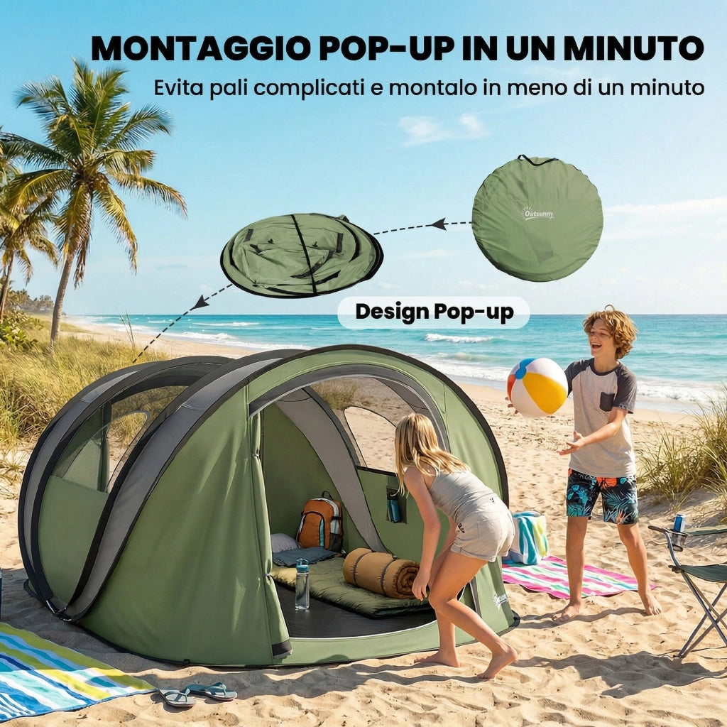 Tenda da Campeggio Pop-Up 4-5 Persone. 2 Porte. 2 Finestre. Impermeabile. Verde