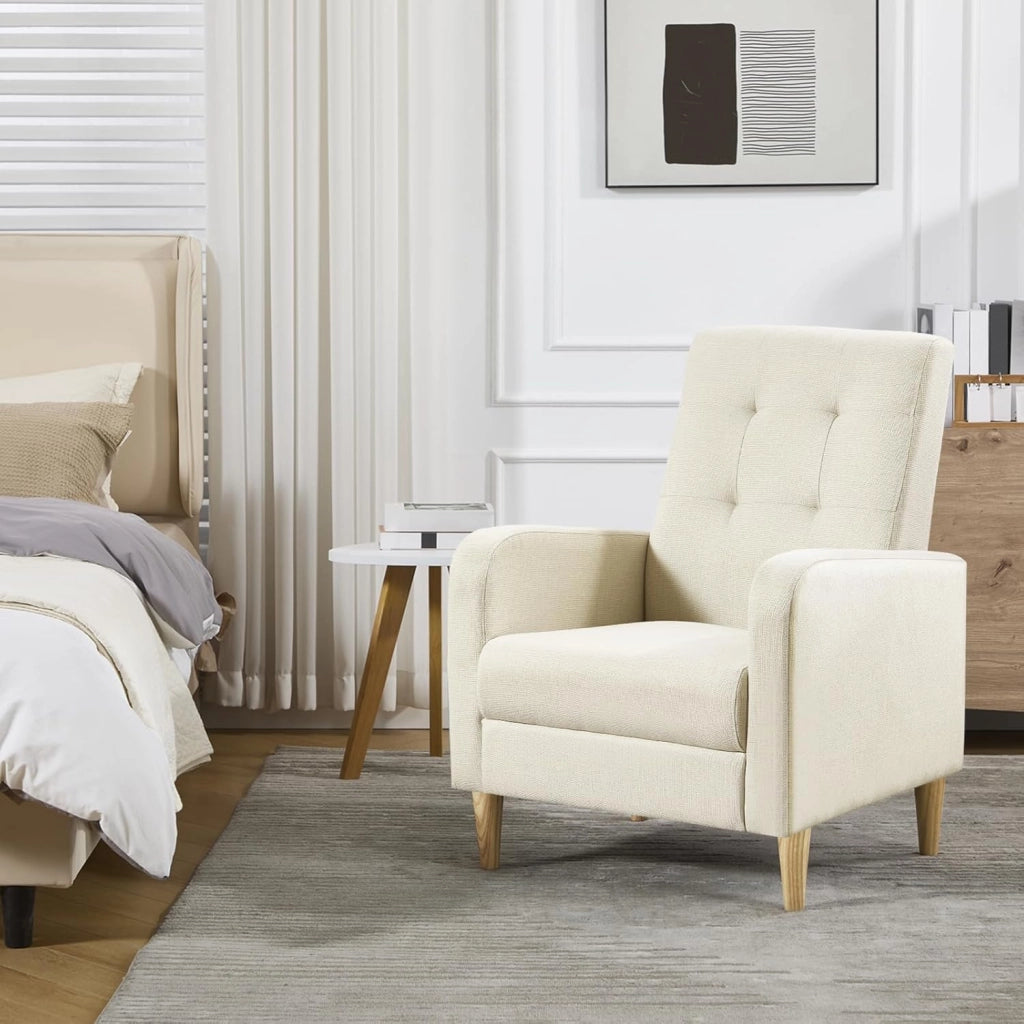 Poltrona da Salotto, Poltrona Relax con Schienale Alto, Sedia di Relax con Pieno Legno Massello Piedi, Seduta Imbottita, Rivestimento in Lino, per Salotto, Ufficio, Beige, SKS41be