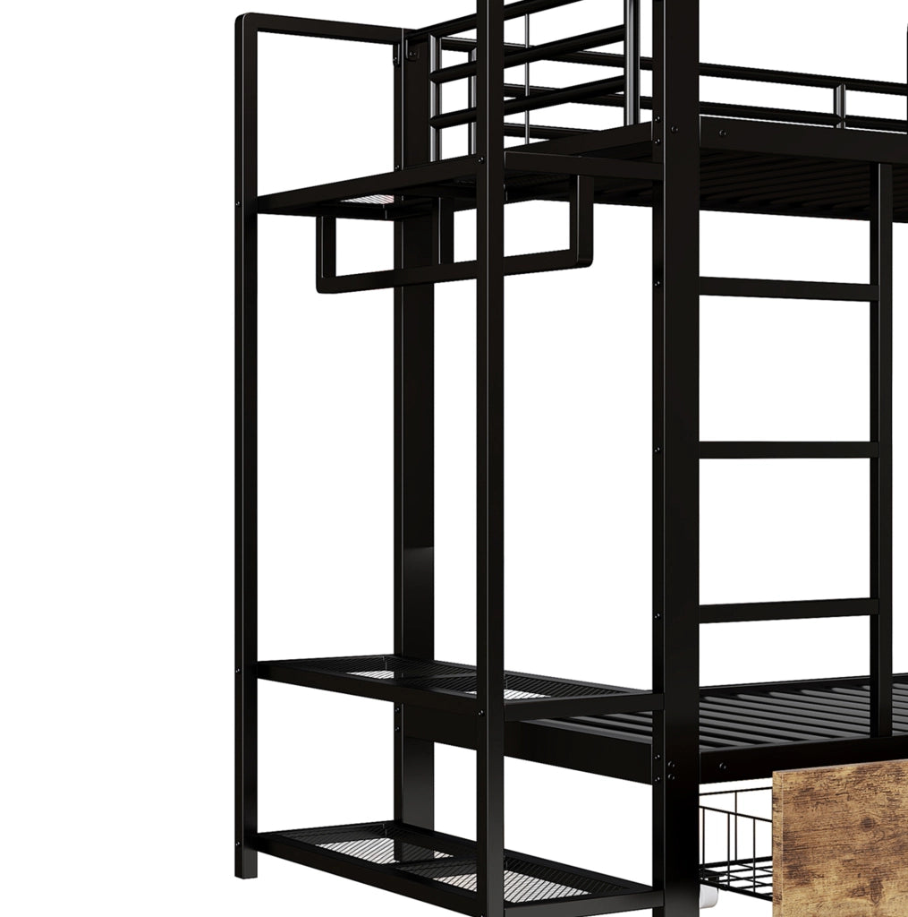Letto a castello 90 x 200 cm in metallo nero con LED, cassetti, ripiani e stendibiancheria