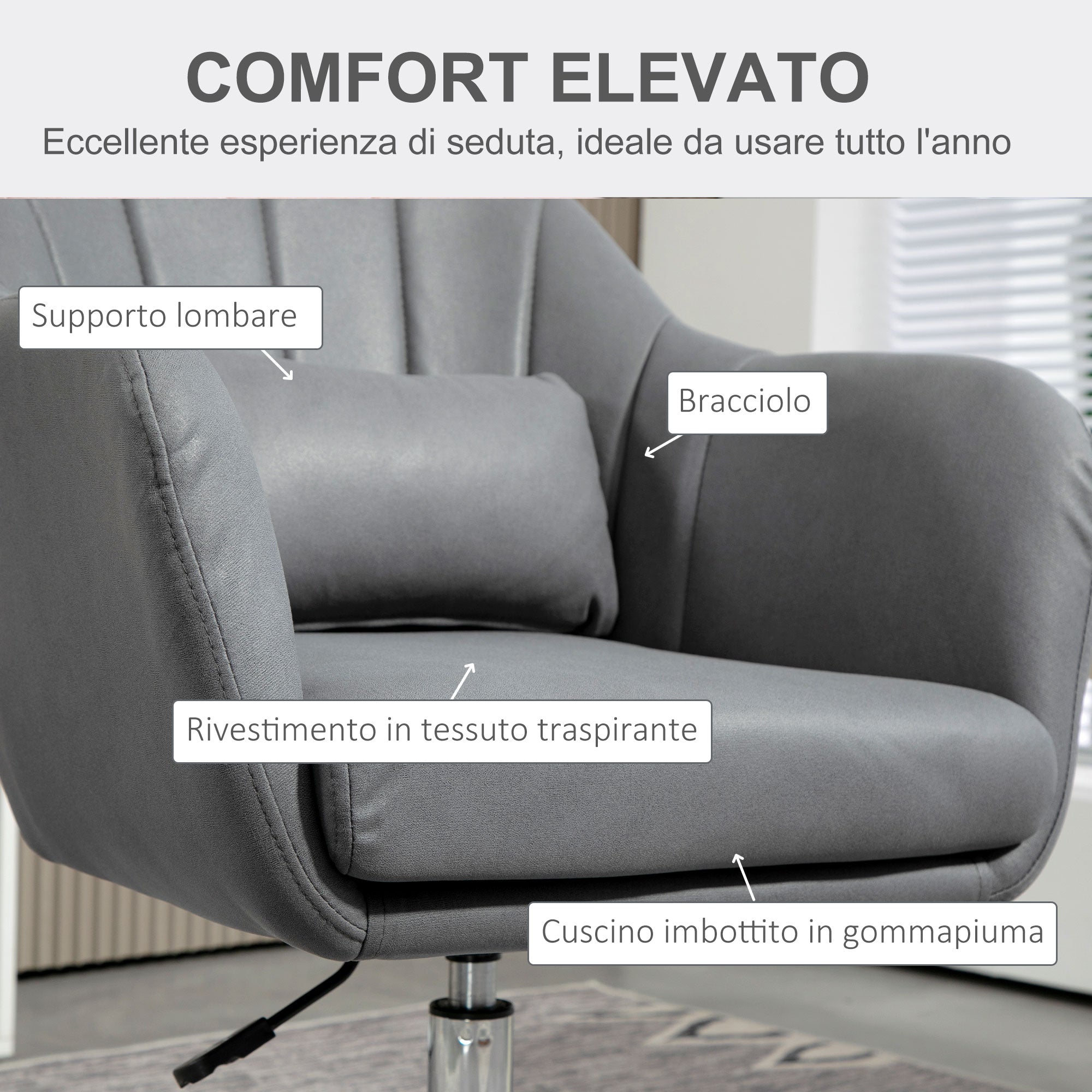 Poltrona Girevole con Cuscino Lombare 60x60x79-91 cm in Tessuto Tecnico Grigio