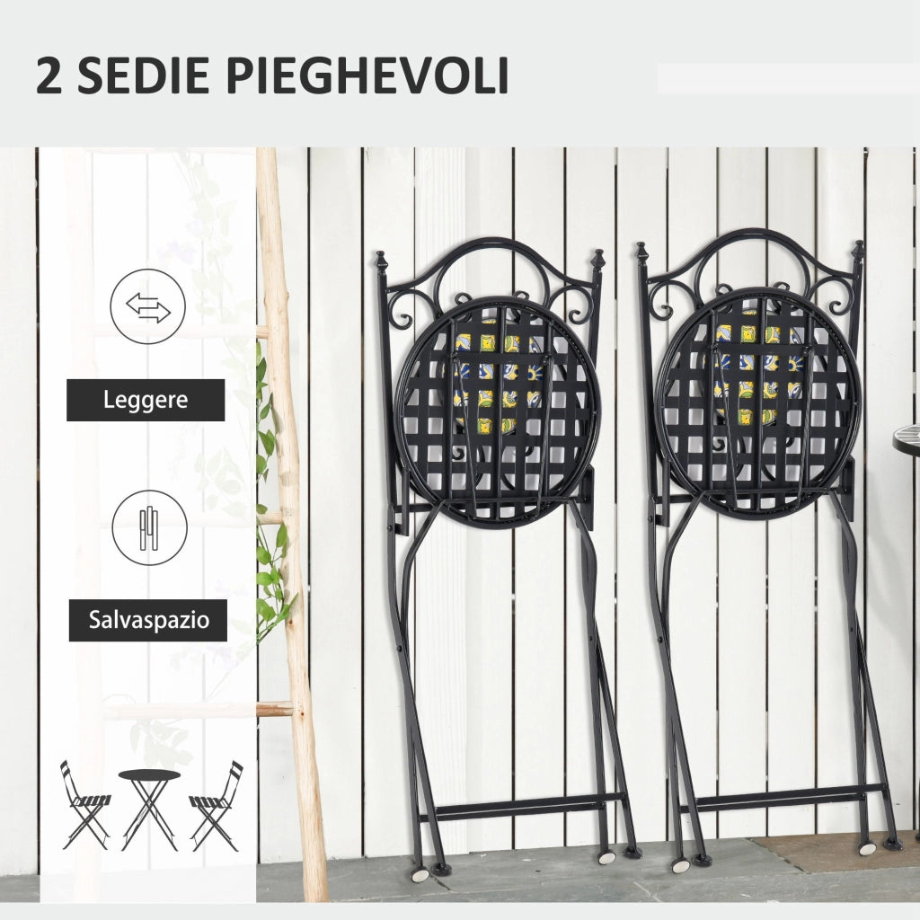 EasyComfort Set Tavolo e Sedie da Balcone 3 Pezzi, Set da Giardino Pieghevoli in Metallo con Maioliche Colorate, Multicolore