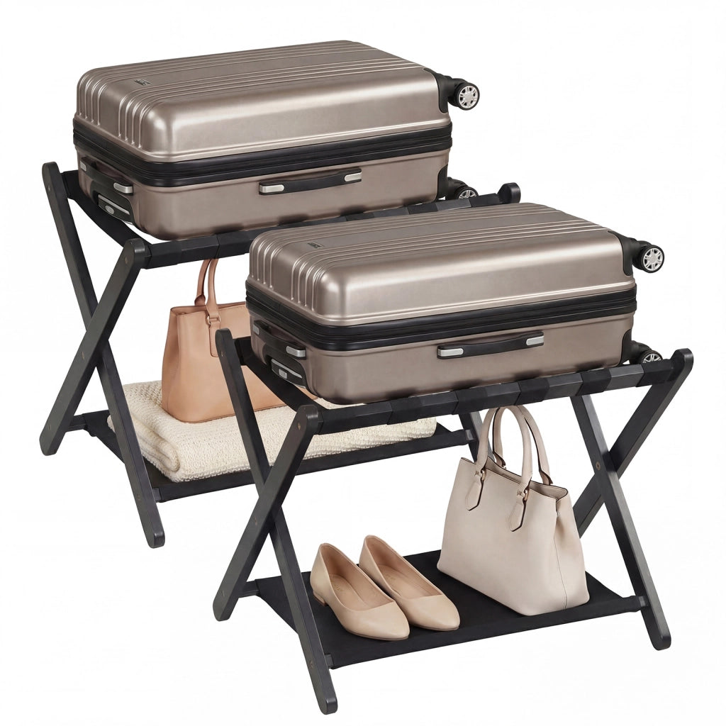 Portavaligie pieghevole con struttura in legno massello, Portapacchi per camera a 2 ripiani salvaspazio portata 60 kg Nero 2 Pezzi