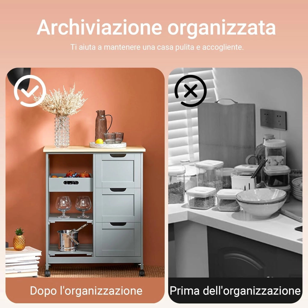 Carrello Cucina con 3 Cassetti e 1 Cestino, Mobiletto Cucina Salvaspazio con 4 Ruote Girevoli, Credenza Cucina o Bagno, Mobiletto Cucina Dispensa, L68 x P38 x A85 cm, grigio,FKW79-HG