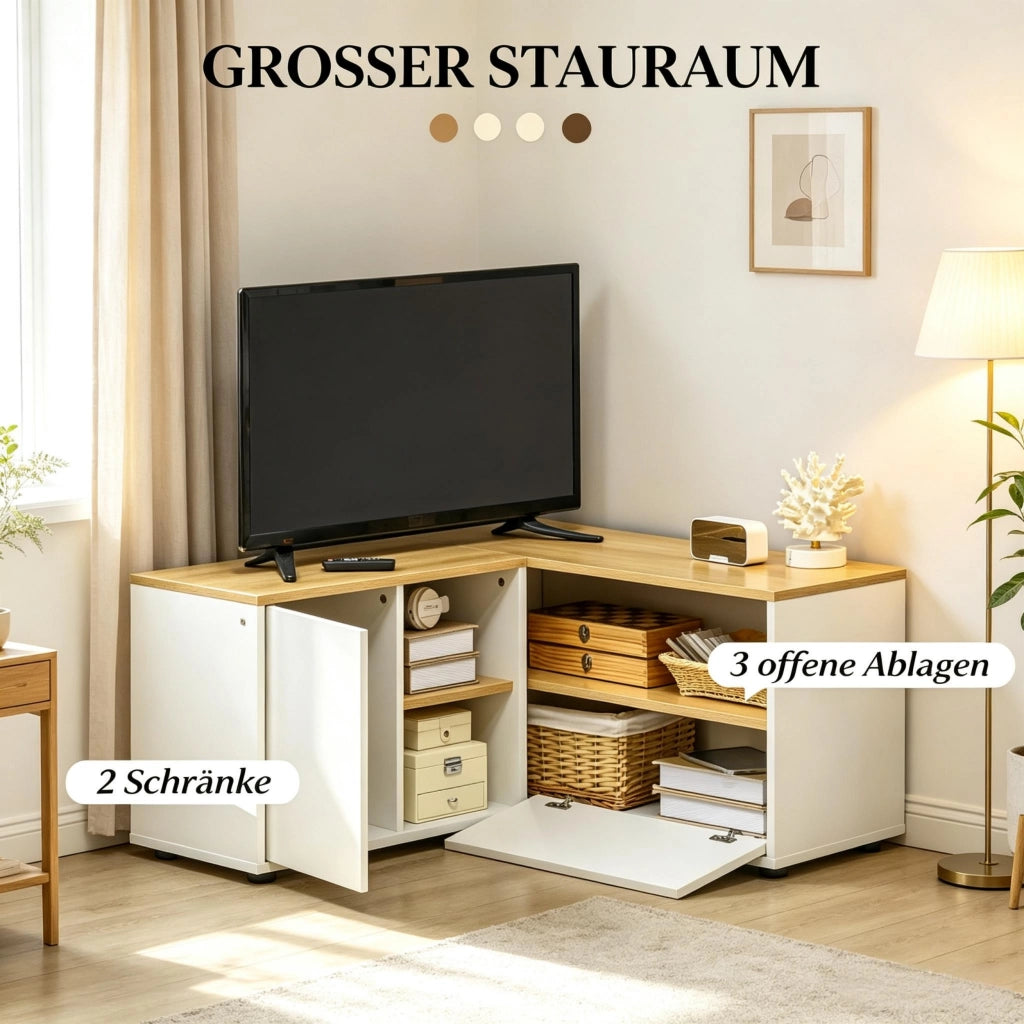 MOBILE TV Angolare 90x90x45 cm Bianco ed Effetto Legno in Pannello Truciolare