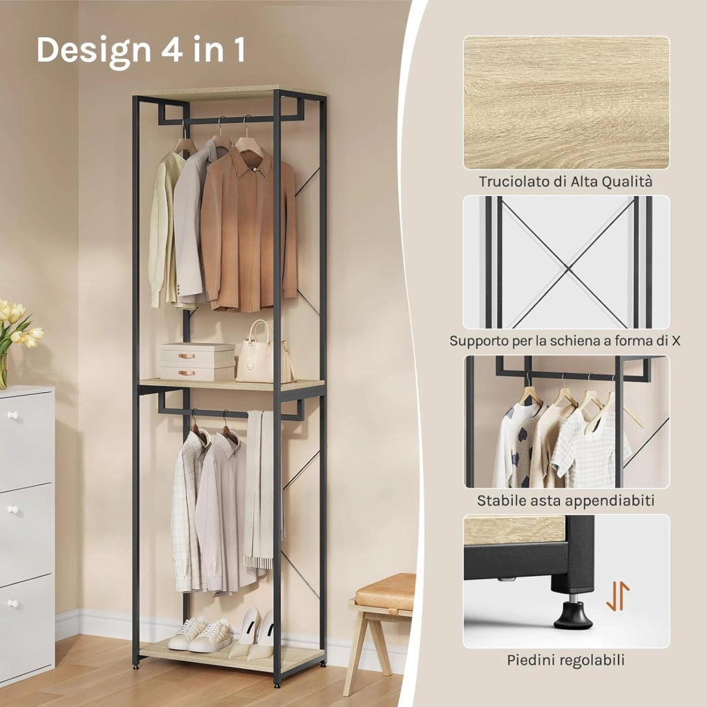 Stand Appendiabiti in Legno Attaccapanni Guardaroba per Cameretta Scaffale Porta Abiti 60x40x213 cm