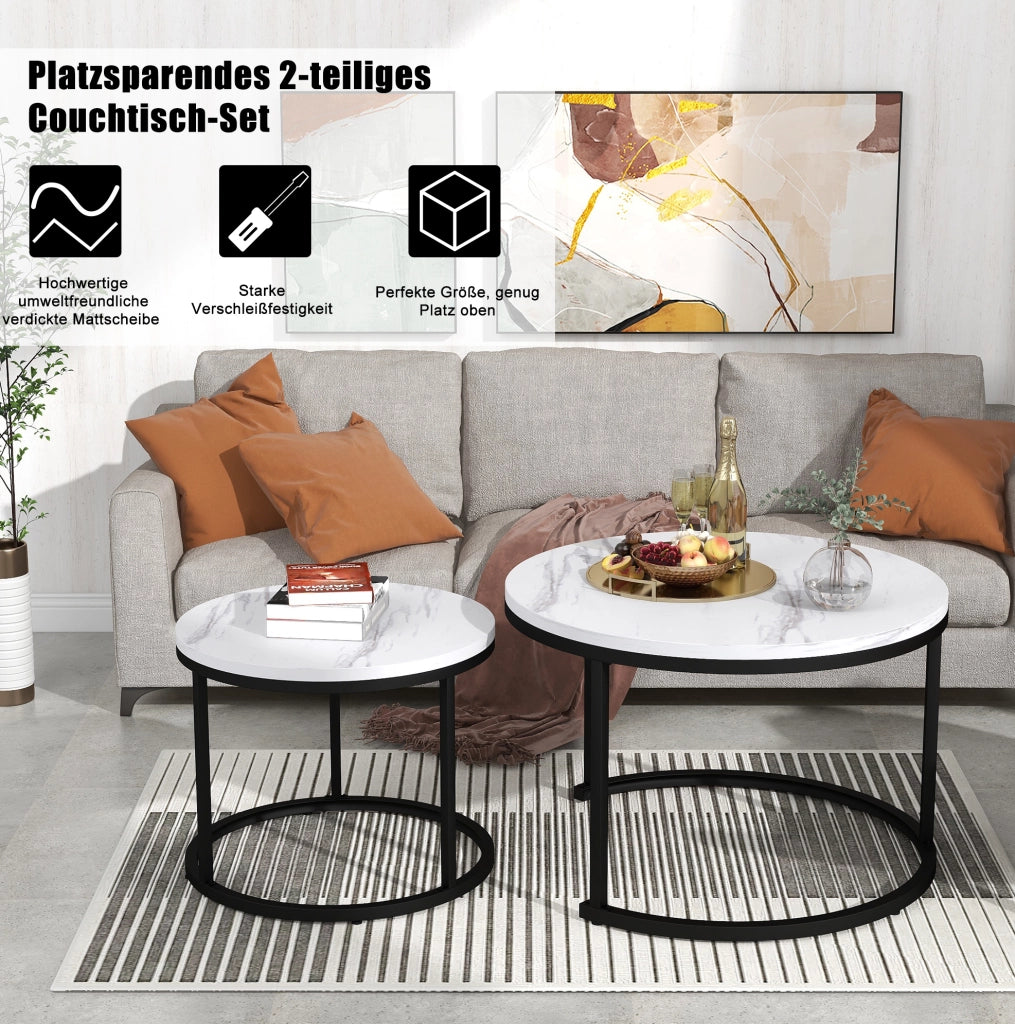 Set di 2 tavolini rotondi impilabili in MDF effetto marmo