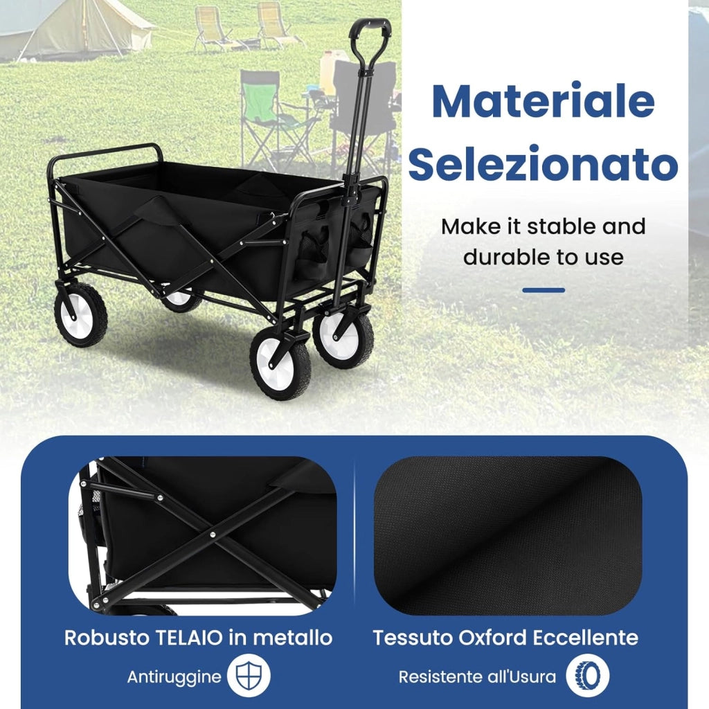 Carrello da Spiaggia Pieghevole, Carrello con Ruote Portatutto con Maniglia Regolabile, 2 Tasche a Rete e Portabicchieri, Carretto Giardino Portatile per Campeggio, Shopping e Mare (Nero)