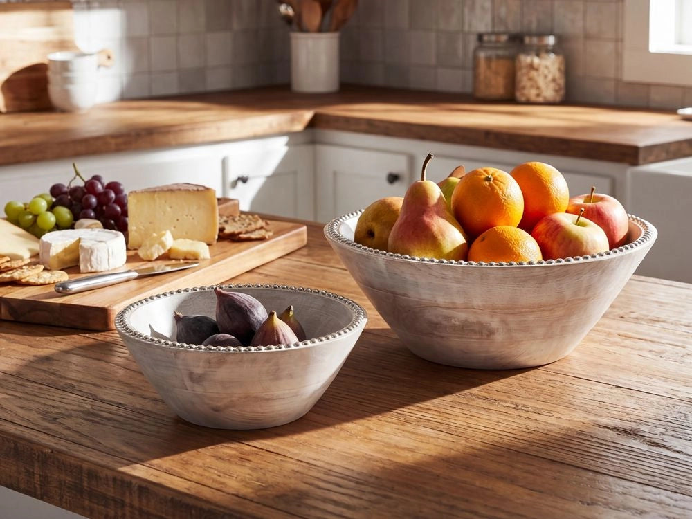 Set di 2 ciotole per frutta in legno di mango e ferro fatte a mano marrone chiaro accessori cucina