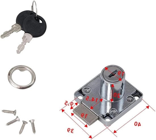Cilindro di sicurezza 20mm per cassetti, cassettoni e contenitori con 2 chiavi diverse, finitura cromata