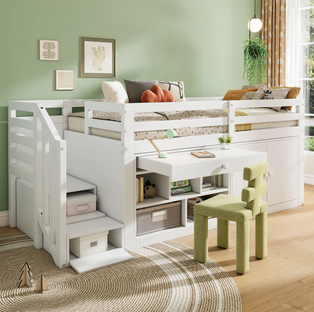 Letto multifunzione per bambini 90x200 cm bianco con contenitore e scrivania