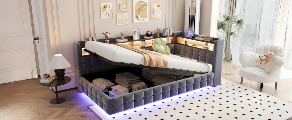 DESMIU Letto Divano 1 Posto con Contenitore, Mensole, USB, Tipo C e LED 90 × 200 cm, senza materasso