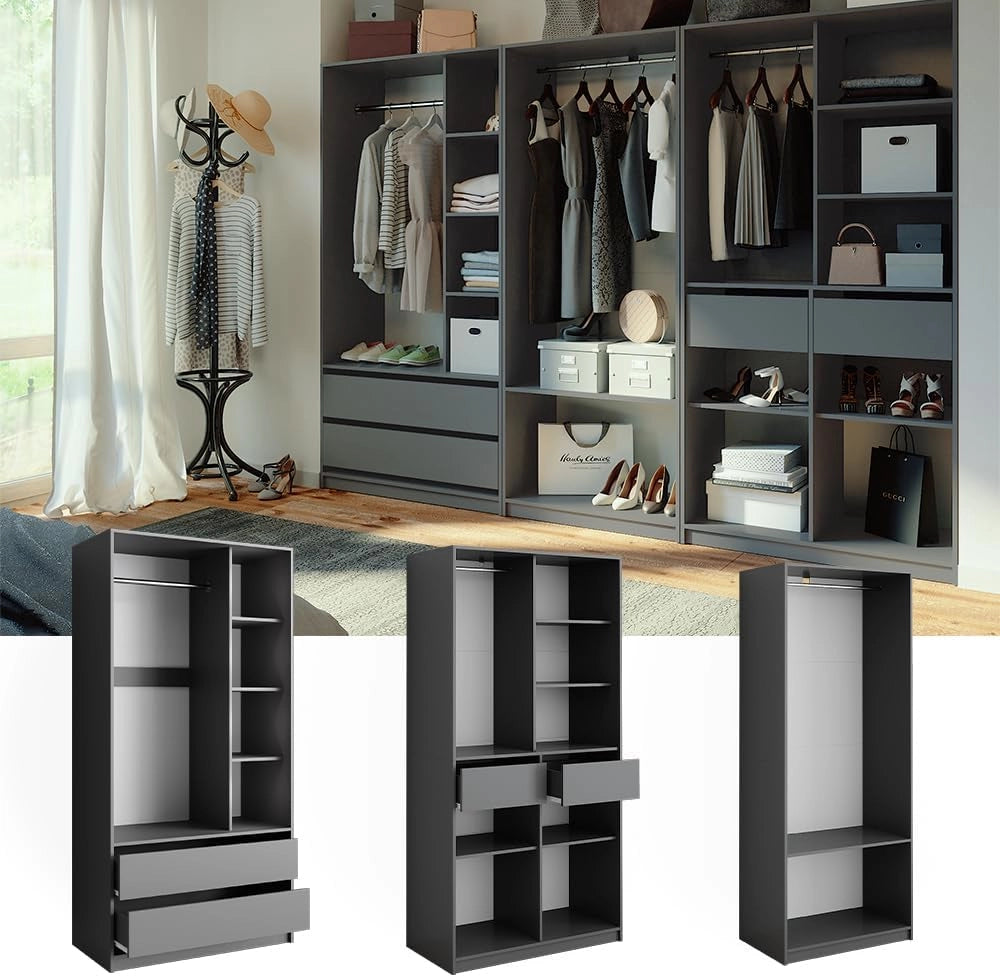 Armadio Elmo, Antracite, 280 x 200 cm Set di 3, per una conservazione flessibile di diversi capi di abbigliamento