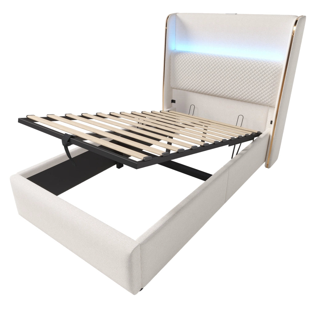 Letto singolo con testiera alta, illuminazione LED, vano contenitore e prese USB/Type-C, beige, 90x200 cm, con materasso