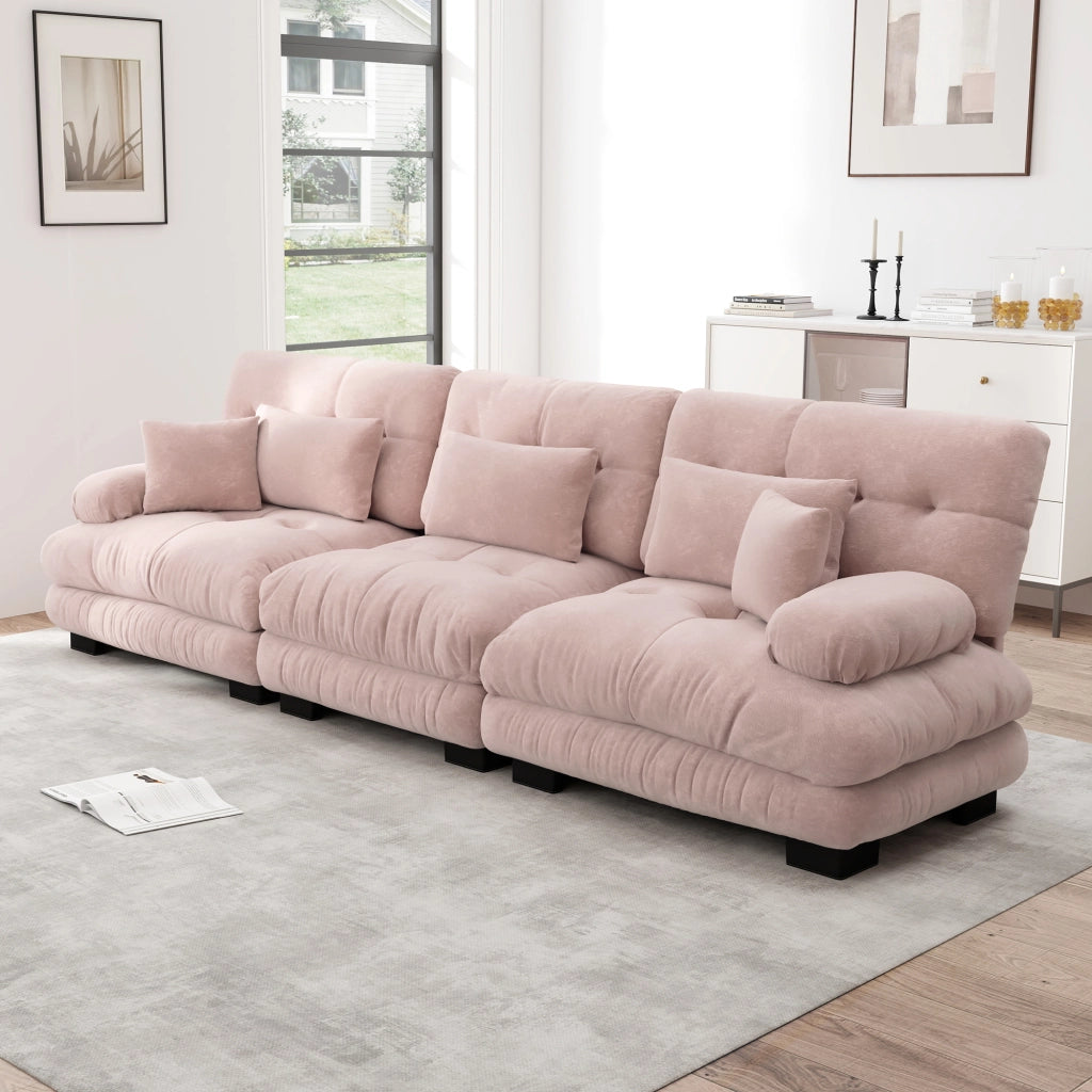 Canapé d'angle modulare 3 posti con seduta profonda e braccioli arrotondati in ciniglia rosa per salotto e ufficio