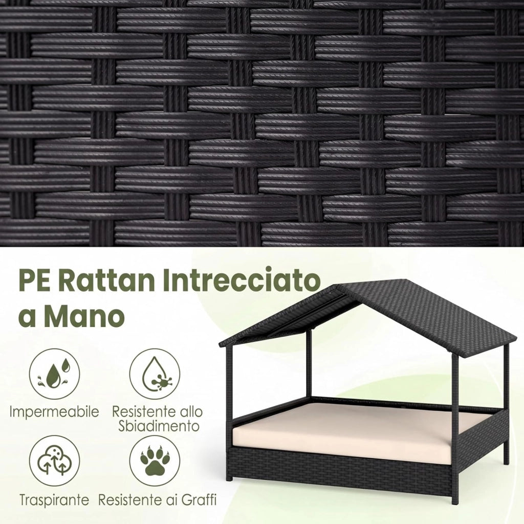 Casetta per Cani da Esterno e Interno, Letto Rialzato in Rattan con Struttura in Metallo, Tetto Impermeabile e Cuscino Rimovibile, per Cani di Taglia Piccola e Media fino a 60 KG (Beige)
