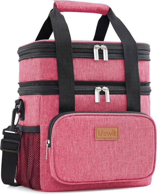 Lunchtas per uomo e donna, doppio strato, isolamento medio morbido, impermeabile con cinghia a spalla per adulti, per lavoro, viaggio/aereo, 12 l/16 bottiglie, rosa