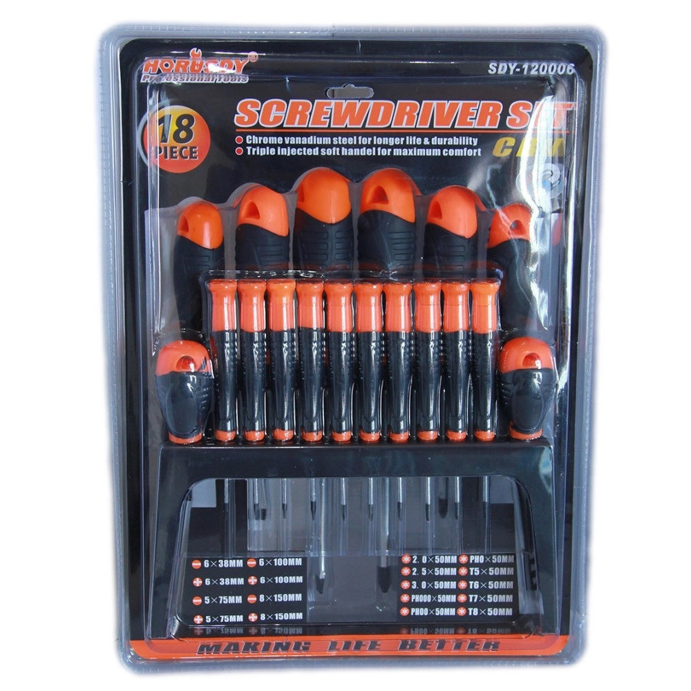 Trade Shop - Kit Set 18 Cacciaviti Cacciavite Con Supporto A Parete Fissi Croce Crv Sdy120006 -
