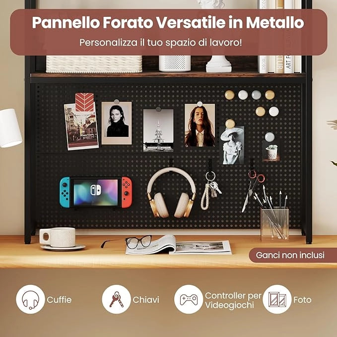 Libreria da Scrivania a 2 Livelli, Scaffale da Tavolo Industriale per Monitor di Computer Fino a 32", Organizzatore di Stoccaggio con Pegboard, per Dormitorio Ufficio e Casa, 94x27x103 cm