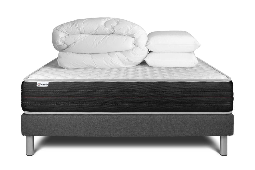 Pacchetto letto completo - Materasso 140x190cm + Box spring con doghe (in kit) + 2 cuscini + Piumino - Vitalmemo One